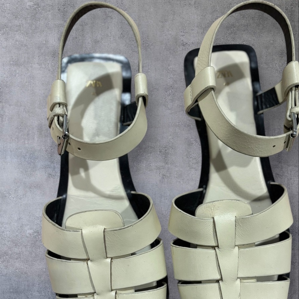 Zara Cream Leather Cage Flat Fisherman Sandals Women’s Size 40 Women’s Size 9 - Picture 5 of 9